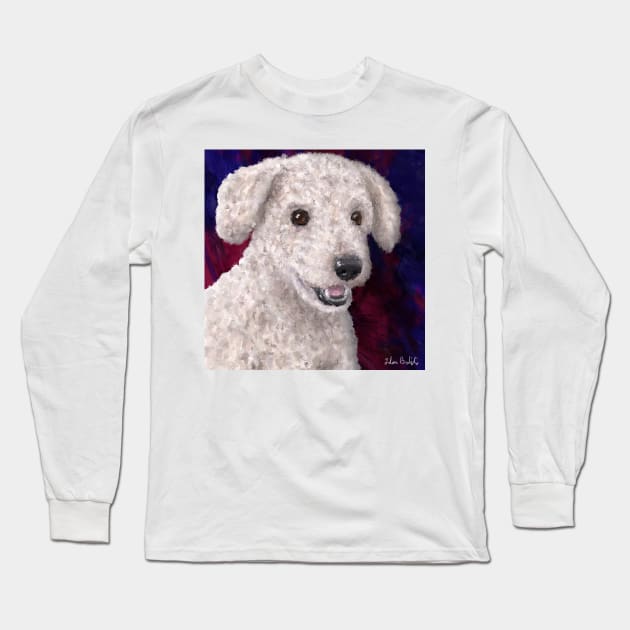 Painting of a Cute Fluffy White Maltipoo Smiling on Red and Purple Background Long Sleeve T-Shirt by ibadishi